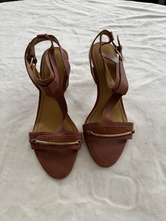 Nine West Shoes - Nine West Brown T-Strap Heeled Sandals with Gold Accent